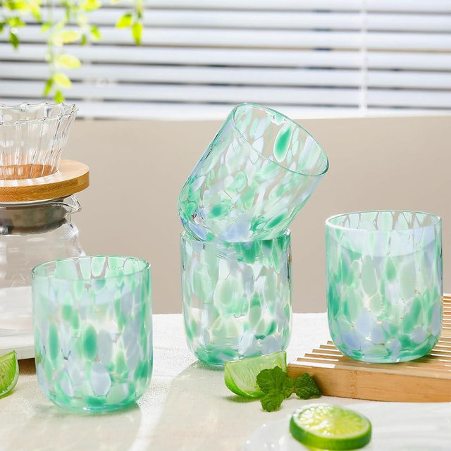 Jingmore 4 Pcs Turquoise Confetti Juice Glasses 12 oz Handcrafted Double Confetti Drinking Tumblers Old-fashioned Icon Drinking Glasses for Home Summer Party Supplies Gift