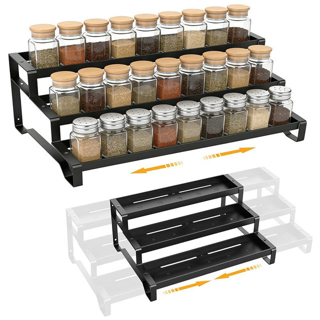 PEEKUP 3-Tier Spice Rack Organizer, 13"-21.5" Expandable Spice Organization Shelf, Metal Seasoning Organizer for Kitchen Countertop or Pantry, Slip-Resistant Design for Jars and Bottles, Black
