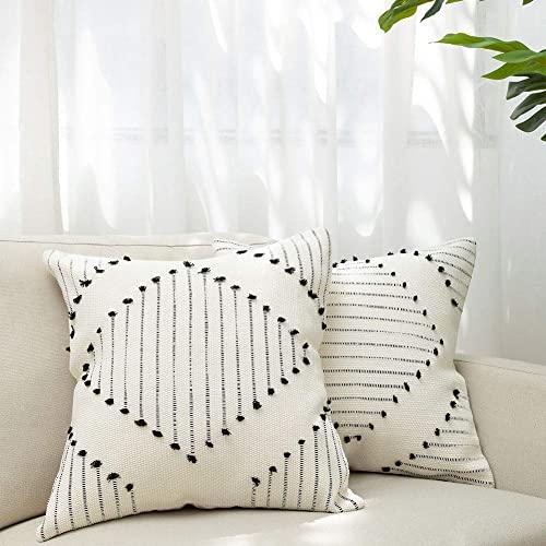 blue page Boho Neutral Diamond Decorative Throw Pillow Covers - Set of 2 Boho Pillow Cases, Cotton Woven Square 20"x20" for Sofa Bedroom Living Room, Modern Home Decor (Black Cream)