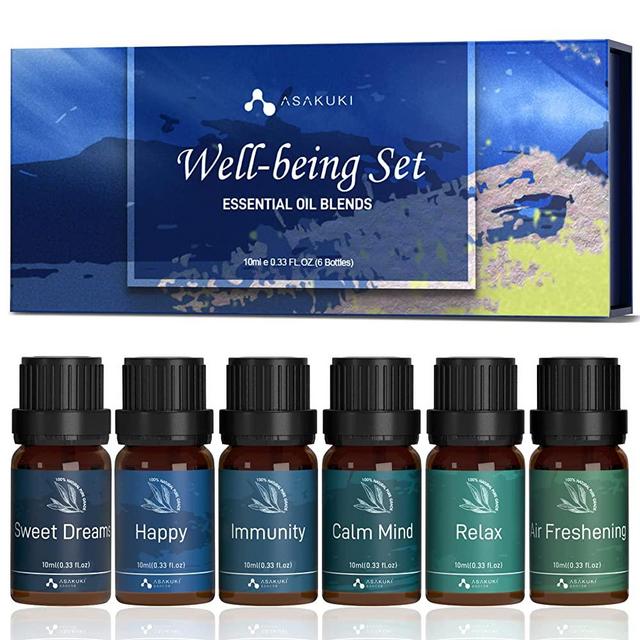 ASAKUKI Essential Oils Blend Set, Well-Being Gift Set Incl. Sleep, Breathe, Relaxation, Mood, Calm Mind, Fresh Air - Synergy Aromatherapy Oils for Diffuser, Humidifier, Massage, Candle Making, 6*10ML