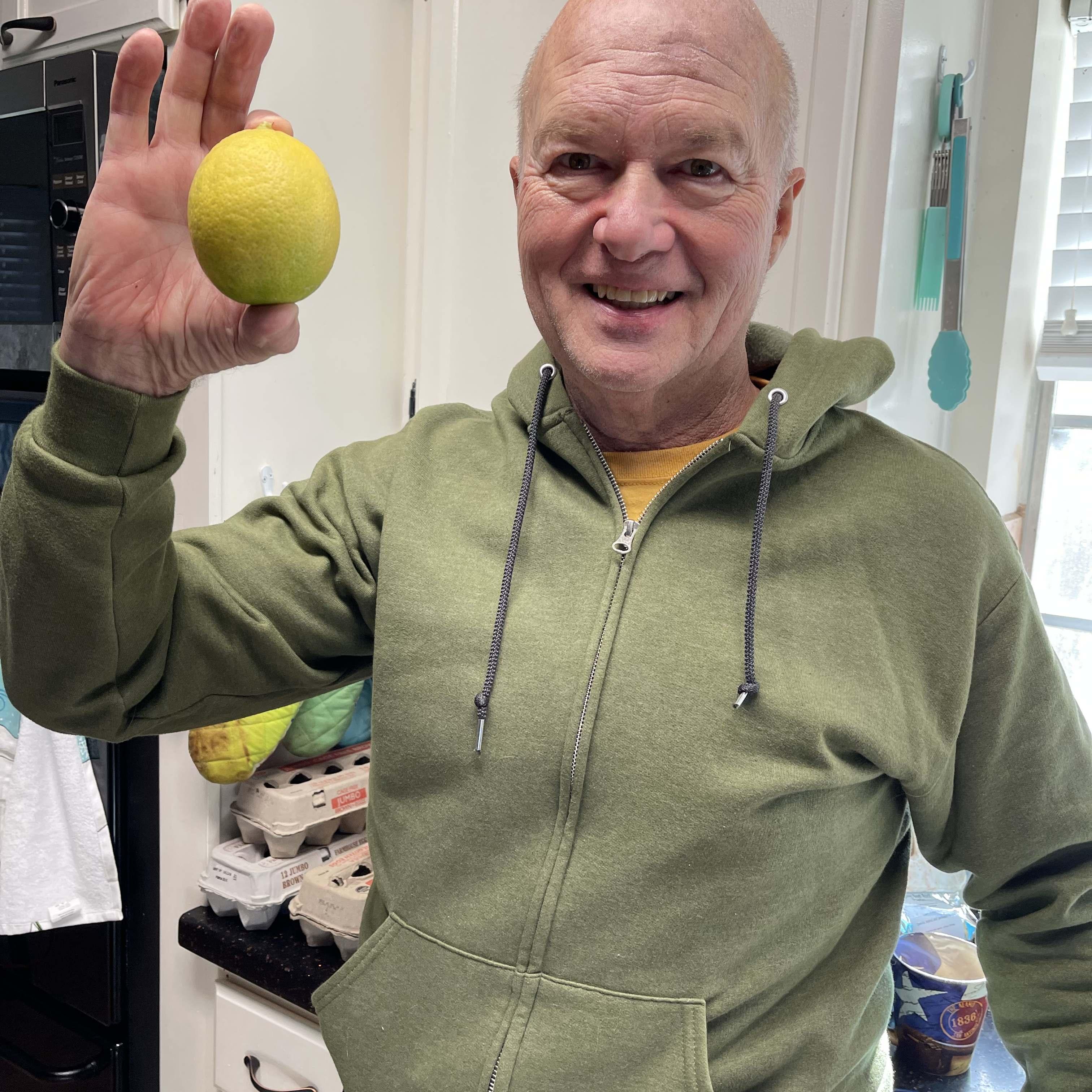 Marc’s first lemon from his Myers Lemon tree, a Christmas gift from Victoria