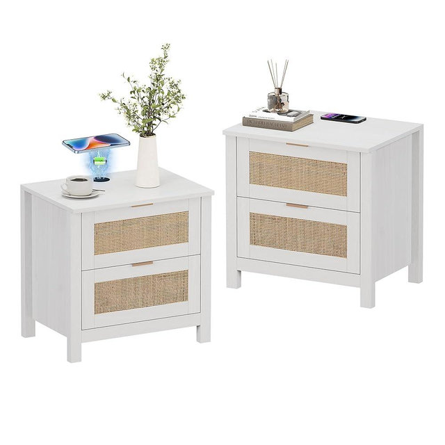 AILEEKISS Night Stand Set of 2 Rattan Nightstands with Wireless Charging Station, Wood Accent Bed Side End Tables with 2 Rattan Drawers, Modern Bedside Stand for Bedroom, Living Room (White)