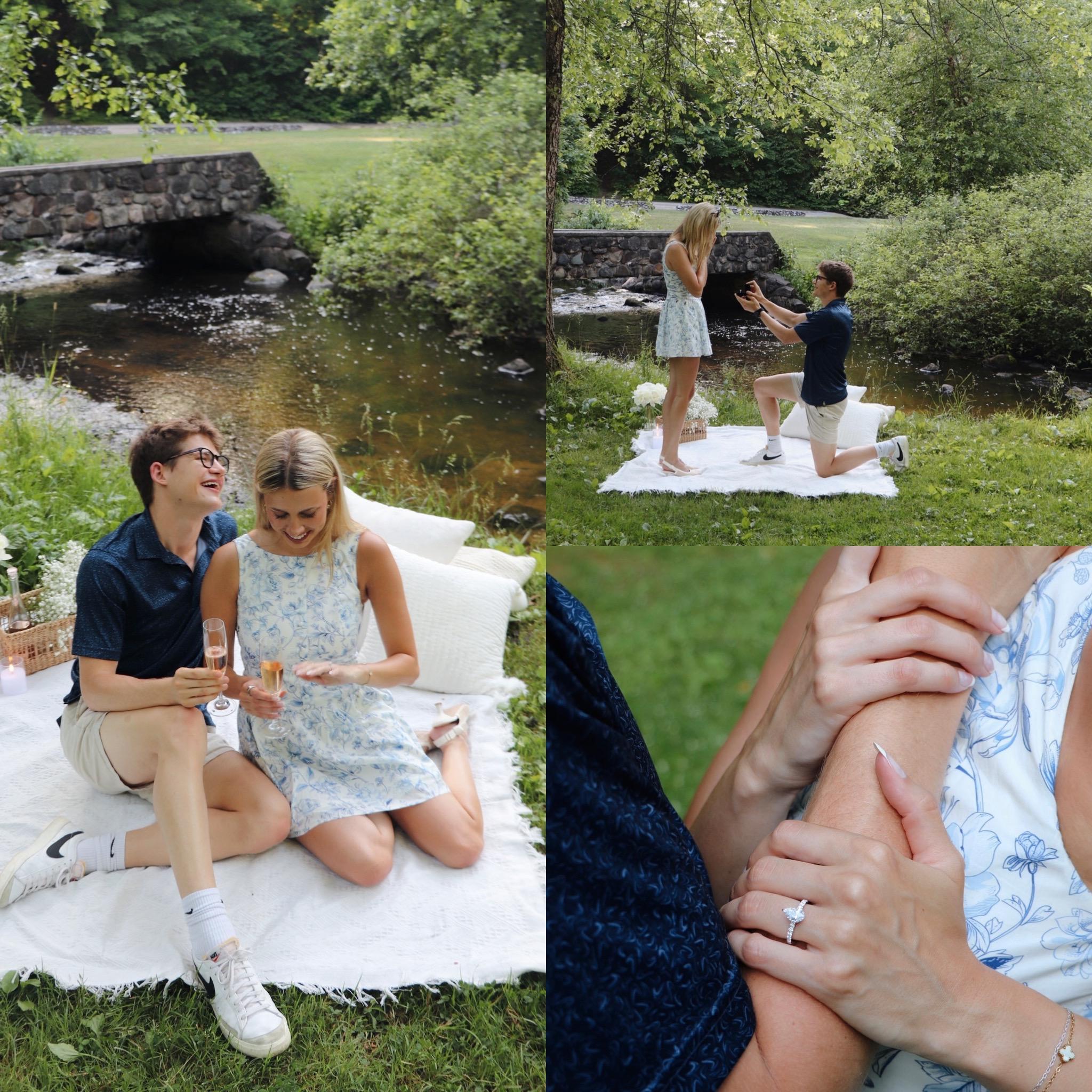 On June 21, the day after Claire's birthday, Dane proposed!  They had gone out for a nice dinner before Dane began med school, and Claire knew something was up when Dane drove past her driveway and said he wanted to show her this bike trail he sometimes rode! Erin and Kara were in on it and were there to capture the moment.