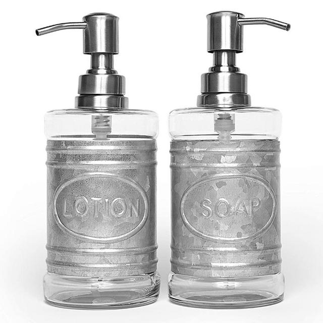 Autumn Alley Glass & Galvanized Farmhouse Soap Dispenser Set for Hand Wash, Sanitizer, Lotion, Dish Soap – Liquid Soap Container with Pump for Kitchen/Bathroom – Charming Farmhouse Label Design