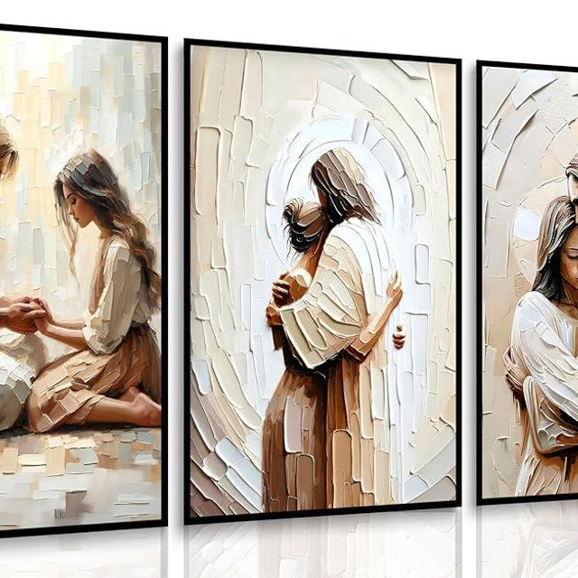 3pcs JESUS Canvas Wall Art Jesus Embracing Woman Pictures Jesus and Woman Prayer Posters Christian Heals Beige Texture Paintings Wall Decor for Bedroom Living Room Church Home Decoration Unframed