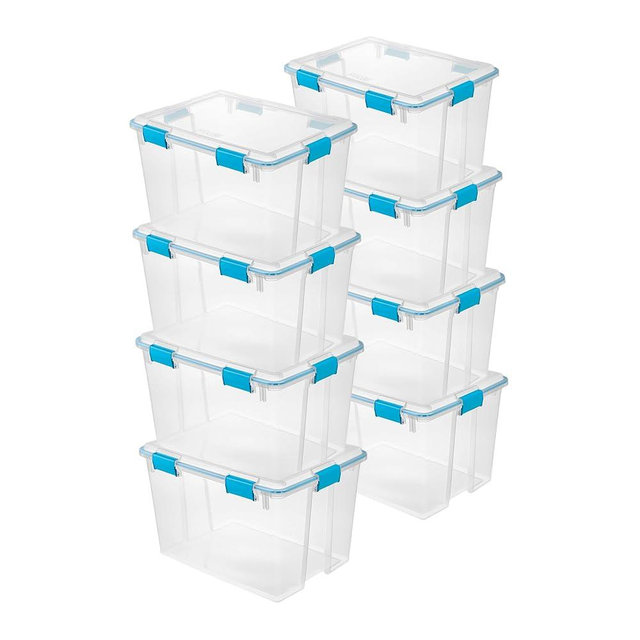Sterilite 8-Pack Gasket Box, Weather-Resistant Storage Bins with Latching Lids, 80 Quart - Heavy-Duty Organizing Containers for Closet, Bathroom, and Office