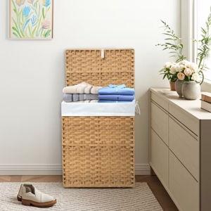 JIONJOY 23.7 gal. Wicker Hamper w/Lid, Foldable Design, Removable Compartment & Washable Liner (Yellow)