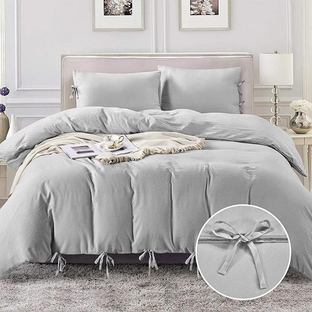 HOMEIDEAS Light Grey Duvet Cover King with Ties 90x102”, 3 Piece Washed Microfiber Comforter Cover Set, Farmhouse Bedding Set 1 Duvet Cover with 2 Shams