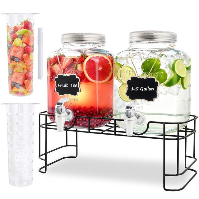 1.5 Gallon Glass Drink Dispensers For Parties-Set of 2,Drink Dispenser with Fruit Infuser & Stand,Juice or Beverage Dispenser for BBQ, Picnic, Party,Water Dispenser Laundry Detergent Dispenser