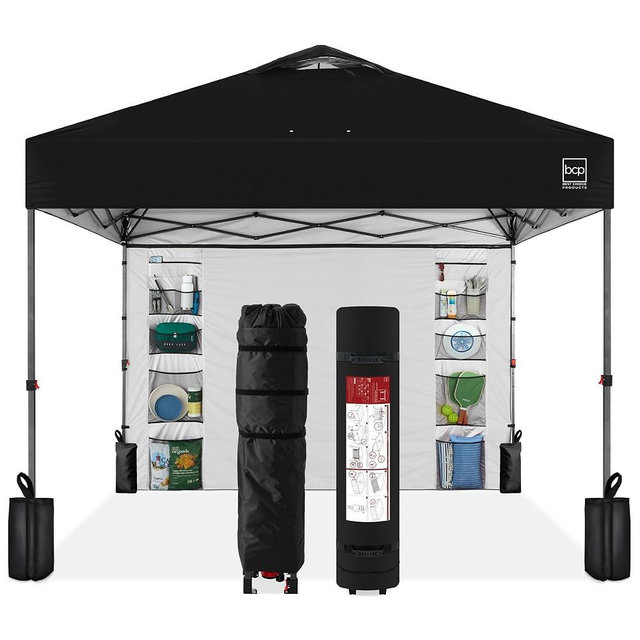 Best Choice Products 10x10ft Easy Pop Up Canopy w/Side Wall, 10 Pockets, Portable Carrying Case, 1-Button Setup, 4 Weight Bags - Black
