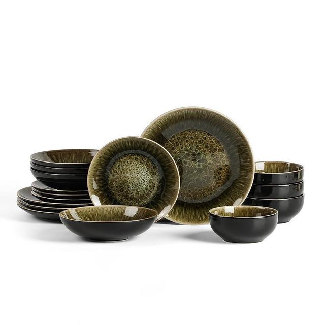 Stone Lain Riley 16-Piece Dinnerware Set Stoneware, Plates and Bowls Set, Dishwasher and Microwave Safe, Dish Set for 4, Black and Green