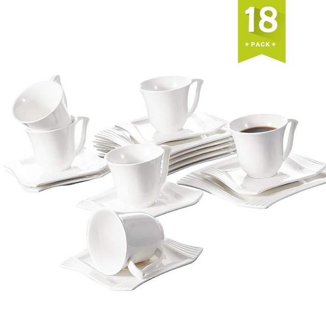 Malacasa 18 Pieces Porcelain Dessert Plates Cups with Saucers, 8 Inch Snack Plate Cappuccino 7 Ounce Cups with 6 Inch Saucer Coffee Drinks, Cafe Mocha and Tea - Set of 6, White - Amparo
