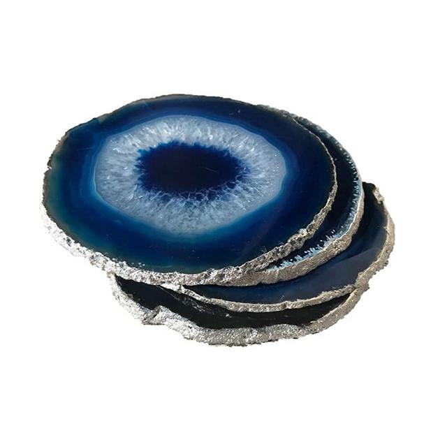 Set of 4 Agate Coasters - Blue Colored Agate Coasters - Silver Rimmed - Bumpers