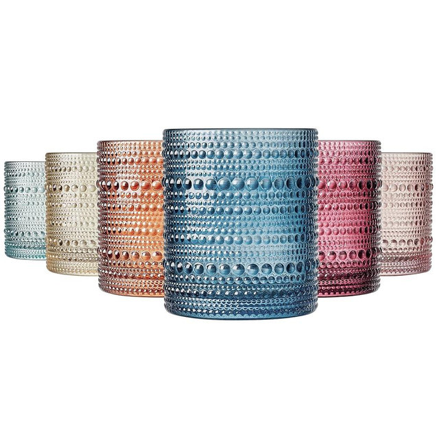 Khen Beaded Tumbler Drinking Glasses Set | Set of 6 | Fall & Holiday Decor Vintage Hobnail 11 OZ Muted Bubble Design Whiskey Glassware, Old-Fashioned, Embossed Design Glass for Water, Wine, Cocktail