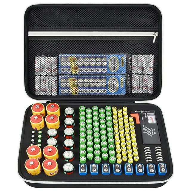 Battery Organizer Storage Case Holder with Tester BT-168, Batteries Variety Pack Bag, Holds 140+ AA, AAA, C, D, 9V, Lithium 3V Button Batteries, Battery Caddy Container(Not Includes Batteries)(Black)