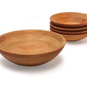 Cherry Wood 12" Bowl & Set of 4 Individual Bowls