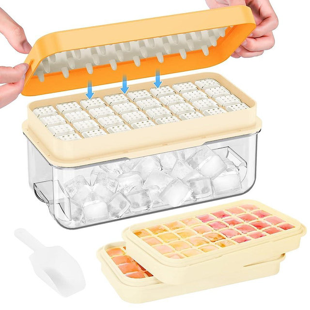 PHINOX Ice Cube Tray With Lid and Bin, Ice Trays for Freezer, Flexible Ice Cube Trays, Making 64 pcs Ice Cubes, Chilling Cocktail, Whiskey, Coffee, With 2 trays, Ice Container, Scoop&Cover, BPA Free