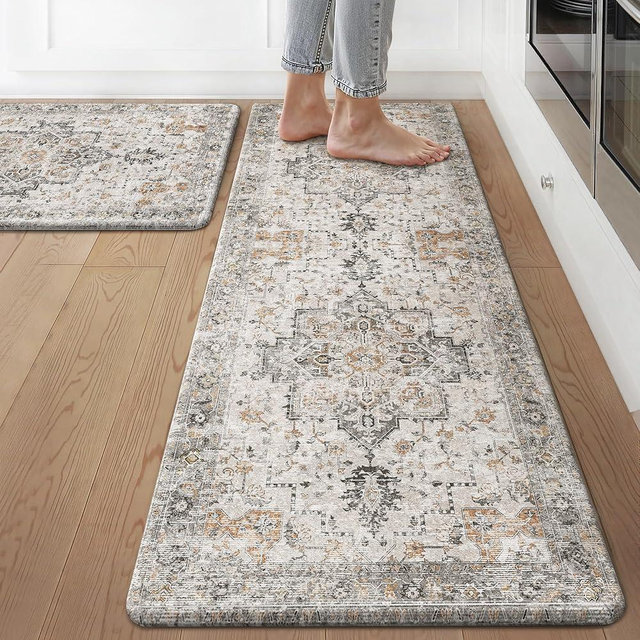 GENIMO Kitchen Mats for Floor 2PCs, Washable Anti Fatigue Mat for Cushioned, 17.3"x59"+17.3"x30", Waterproof Kitchen Rugs, Non Slip Comfort Standing Mat Rug for Home, Sink, Laundry, LightTaupeBrown