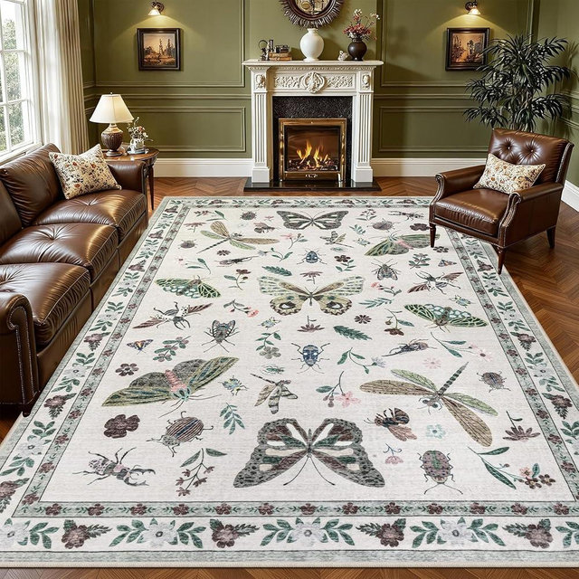 8x10 Area Rugs Living Room Rug: Vintage Washable Rug Floral Soft Carpet Indoor Floor Non-Slip Boho Stain Resistant Large Carpets for Bedroom Kids Nursery Dining Room Farmhouse Home Office Beige