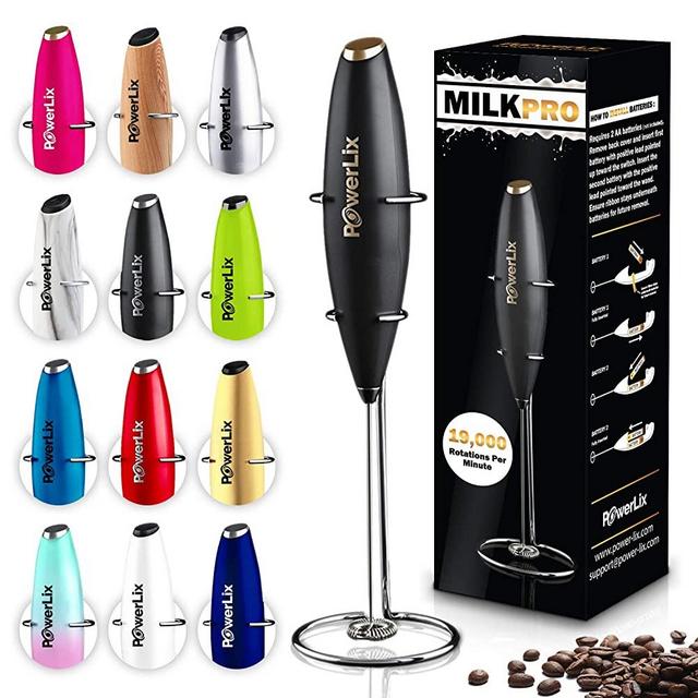 PowerLix Milk Frother Handheld Battery Operated Electric Foam Maker For Coffee, Latte, Cappuccino, Hot Chocolate, Durable Drink Mixer With Stainless Steel Whisk, Stainless Steel Stand Include (Royal Black)
