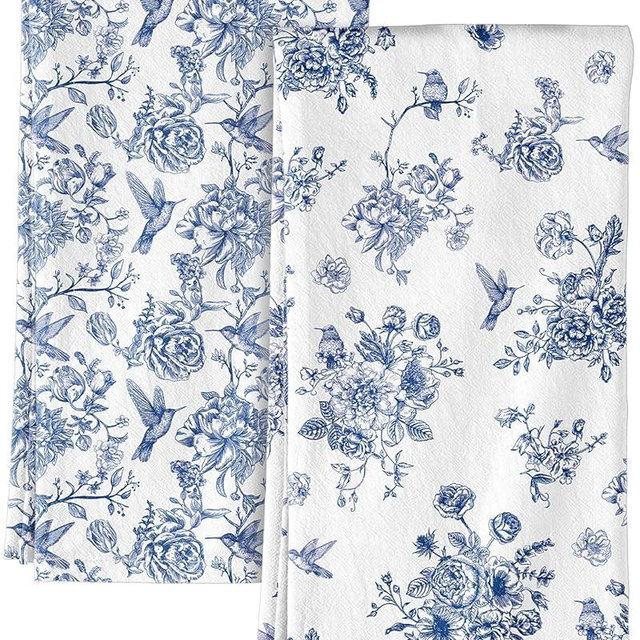 Miss Adola Flour Sack Kitchen Towels - Set of 2 Chinoiserie Dish Towels with Hanging Loop 18x26 Inch Absorbent Decorative Cotton Tea Towel Blue and White Dishcloths for Cleaning, Bird Flower