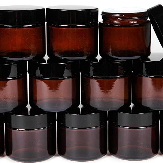 Vivaplex, 12, Amber, 2 oz, Round Glass Jars, with Inner Liners and black Lids
