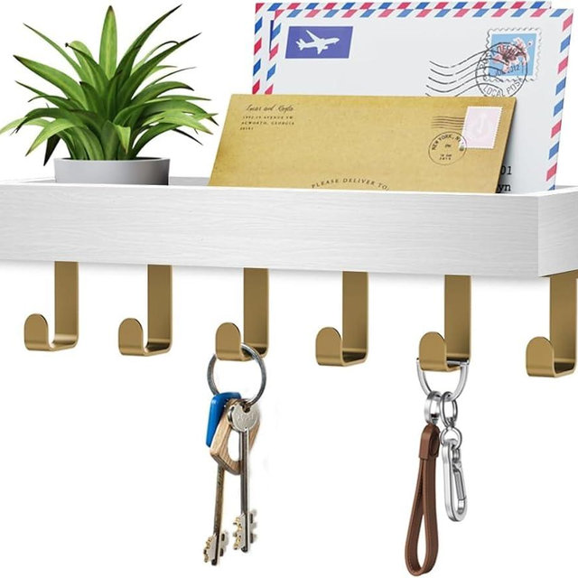 Key Holder Wall Mount Adhesive Magnetic - Hanging Key Hooks with Mail Organizer Tray for Wallet House - Keys Hanger Rack with Shelf for Camper Entryway Door Home Living Room Decor Gold White