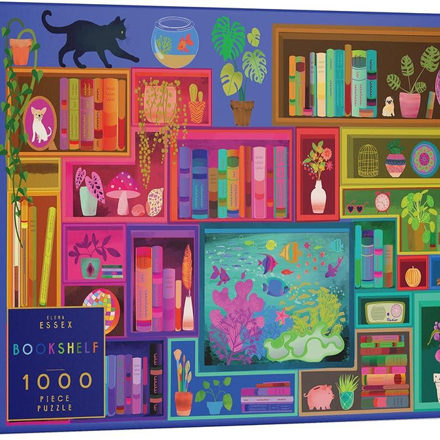 Elena Essex Jigsaw Puzzles 1000 Pieces - Bookshelf, Puzzle 1000 Pieces, Puzzles for Adults, Colorful Books Cat Flower Rainbow Puzzle, Size 28 x 20 inches