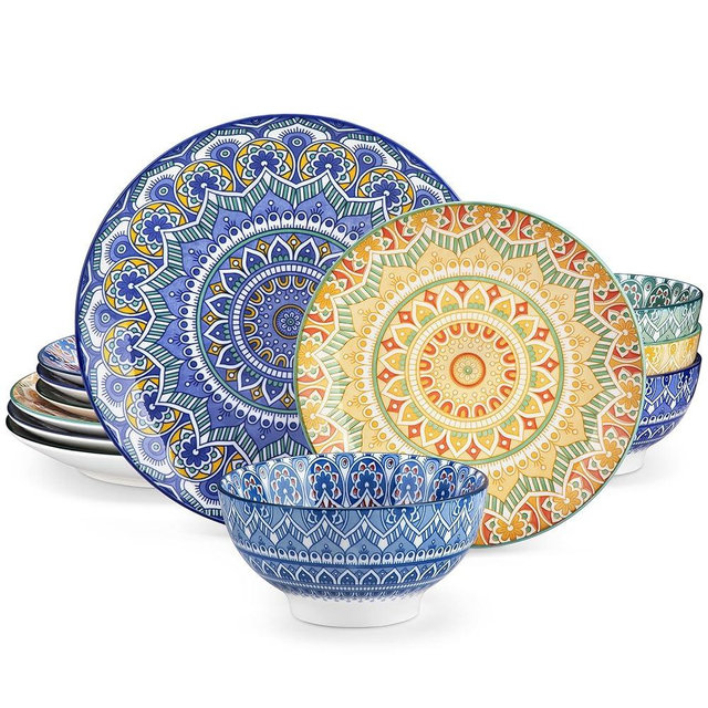 vancasso Mandala 12 Pieces Dinnerware Sets, Porcelain Dinner Set for 4, Boho Plates and Bowls Set, Colorful Dish Sets