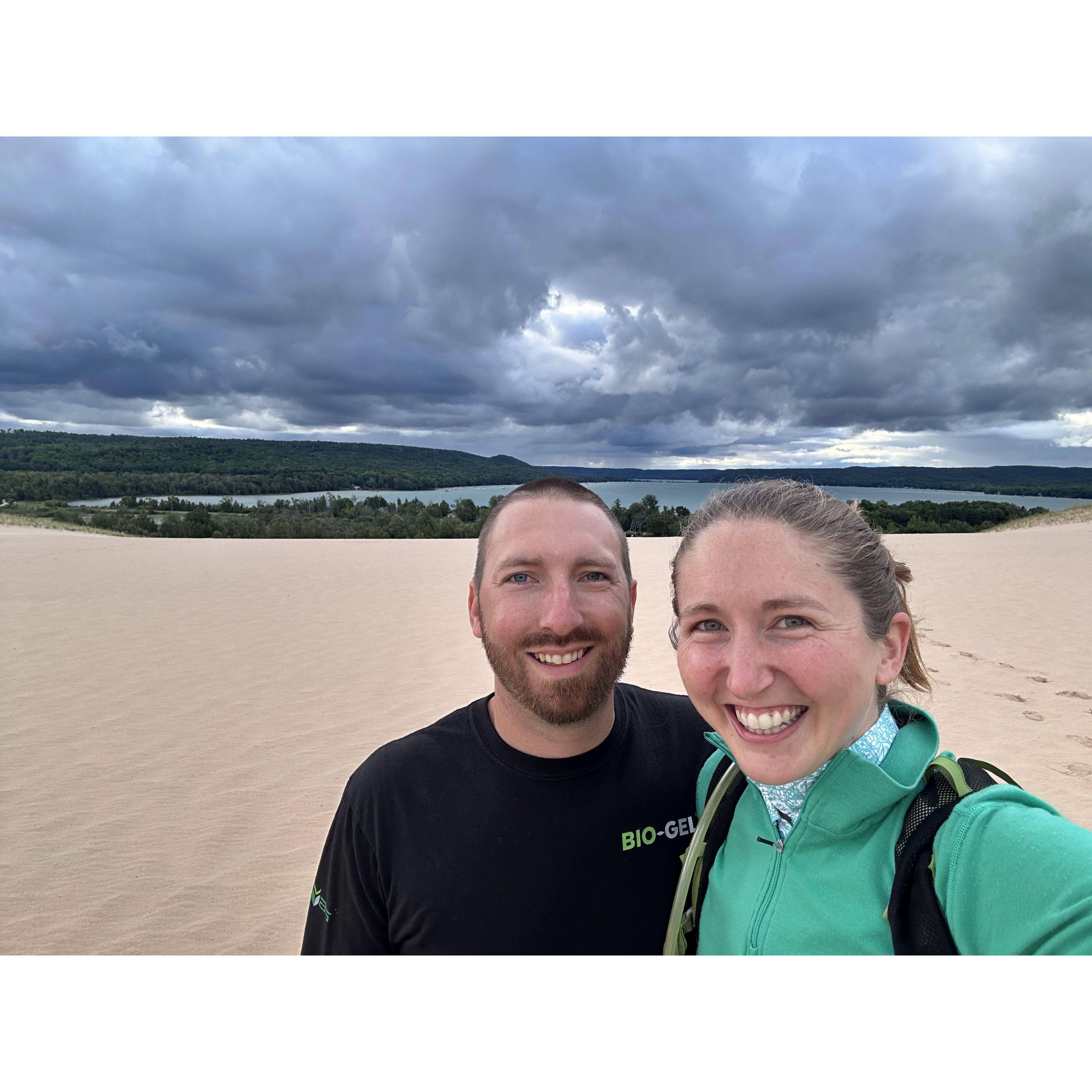 At the top of Sleeping Bear dunes, on our way to the lake