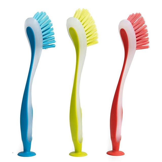 Klickpick Home Dish Scrubber Brushes Assorted Colors Dishwashing Brush with Soft Long Handle Scrubbing Brushes with Suction Cup Multiple Use Cleaning Scrub Brush,Set of 3- Red,Green,Blue