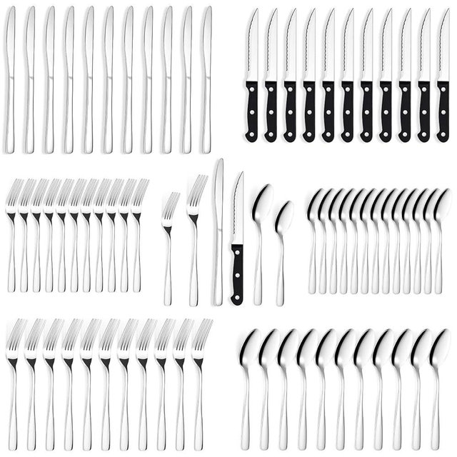 BEWOS 72-Pieces Silverware Set for 12 - Stainless Steel Flatware Set with Mirror Polish, Cutlery Set Including Steak Knives, Forks and Spoons, Dishwasher Safe for Restaurant (Silver)