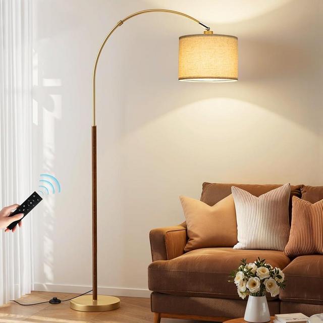 Ambimall Dimmable Arc Floor Lamp with Remote, Color Temperatures and Brightness Adjustable, Arched Floor Lamp with Rotating Head, Over Couch Arched Reading Light for Living Room (Gold and Wood Grain)