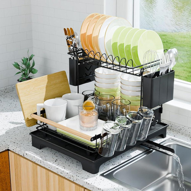 Vathingood 2 Tier Dish Drying Rack, Drying Rack with Automatic Drainboard, Dish Racks for Kitchen Counter, Rustproof Dish Drainer with Removable Utensil Holder, Cups Holder, Black