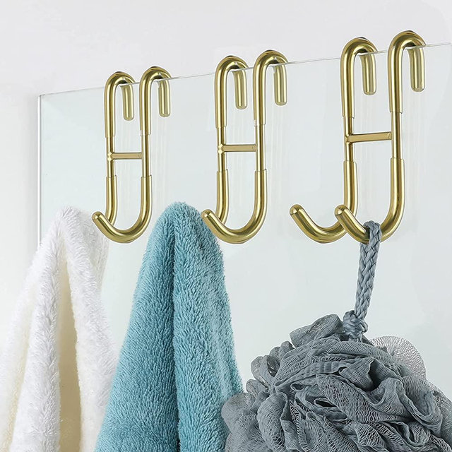 Simtive Shower Door Hooks (3-Pack), Over Door Hooks for Bathroom Frameless Glass Shower Door, Towel Hooks, Shower Squeegee Hooks, Gold