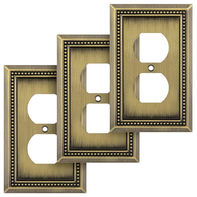 Henne Bery Sunken Pearls Heavy Duty Decorative Wall Plate Switch Plate Outlet Cover (Single Duplex, 3 Pack, Antique Brass)