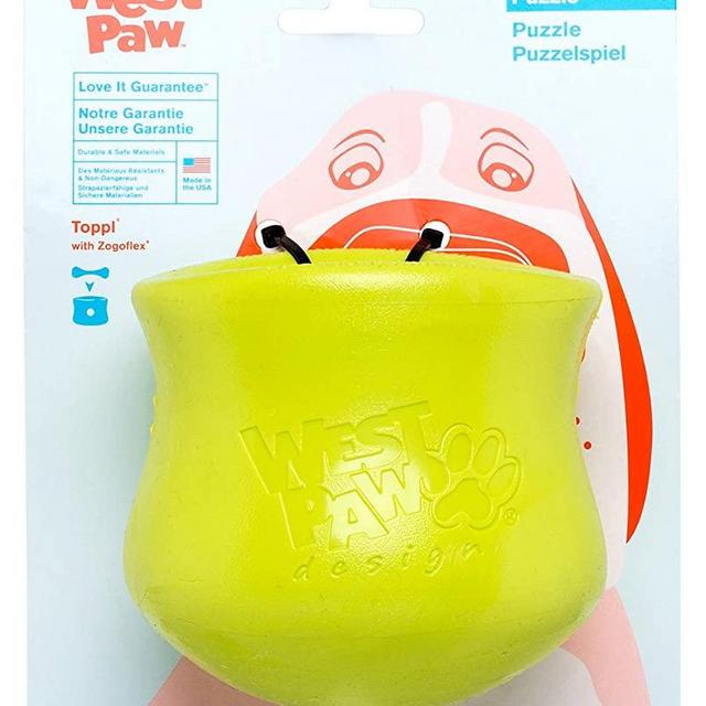 West Paw Zogoflex Toppl Treat Dispensing Dog Toy Puzzle – Interactive Chew Toys for Dogs – Dog Toy for Moderate Chewers, Fetch, Catch – Holds Kibble, Treats, Large 4", Granny Smith