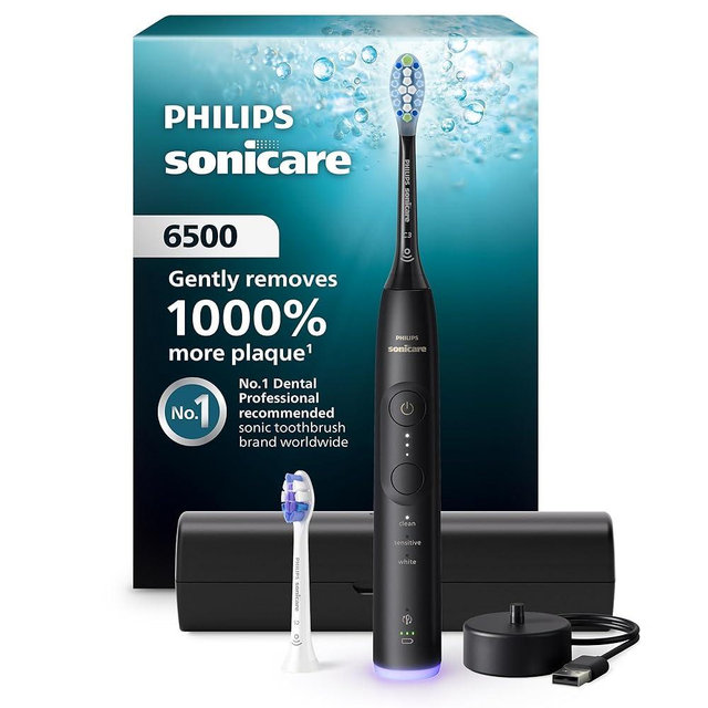 Philips Sonicare 6500 Series Electric Toothbrush - Next-Generation Sonicare Technology, Pressure Sensor, 9 Brushing Settings, SmarTimer, BrushPacer, 21-Day Runtime, Travel Case, Black, HX7411/08