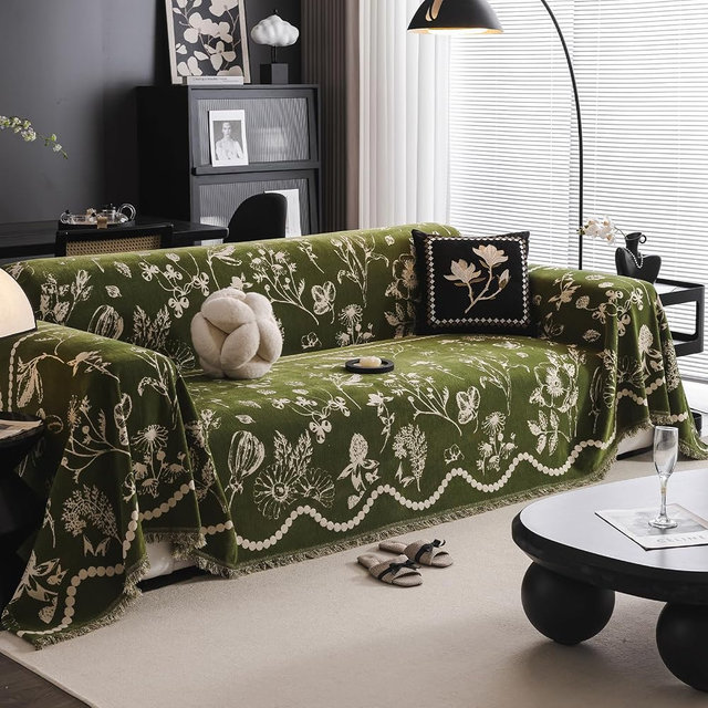 DREAMINGO Green Floral Couch Cover Farmhouse Botanical Jacquard Sofa Covers for 2 Cushion Couch Cozy Chenille Living Room Furniture Loveseat Sectional Sofa Slipcovers Washable, Large 71"x118"