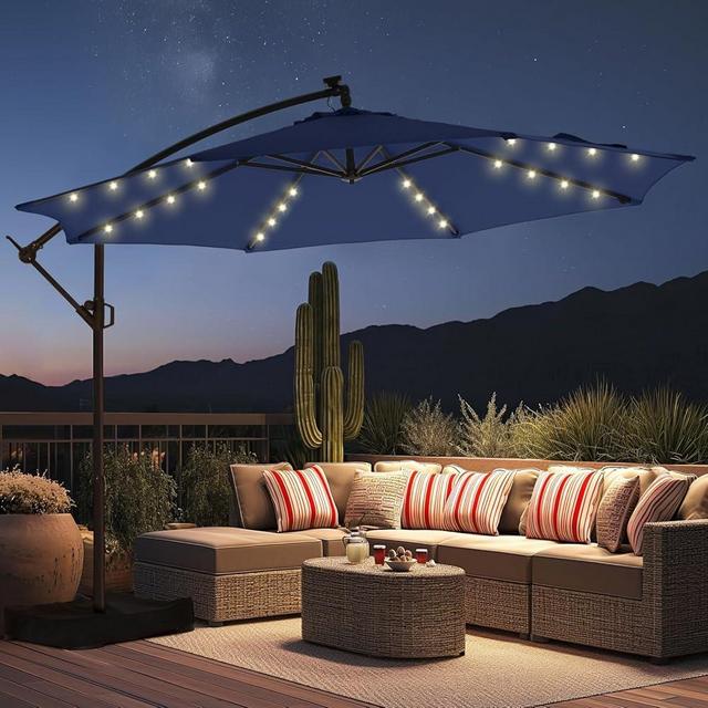 HOMSHADE 10ft Solar Lights Offset Cantilever Patio Umbrella - w/Light and Base, LED Lighted Offset Hanging Patio Outdoor Market Umbrella UPF50+ UV Protection with Easy Tilt and Crank (Navy)