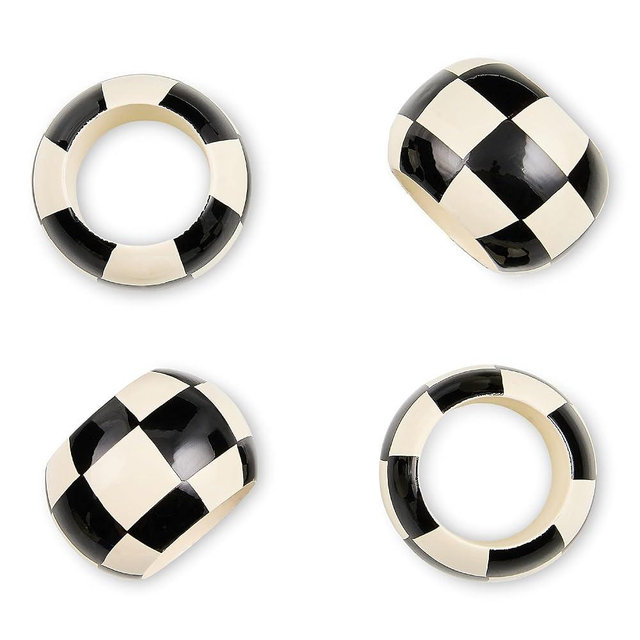 MACKENZIE-CHILDS Set of 4 Wood Napkin Rings, Fancy Napkin-Holder Rings, Black-and-White Check