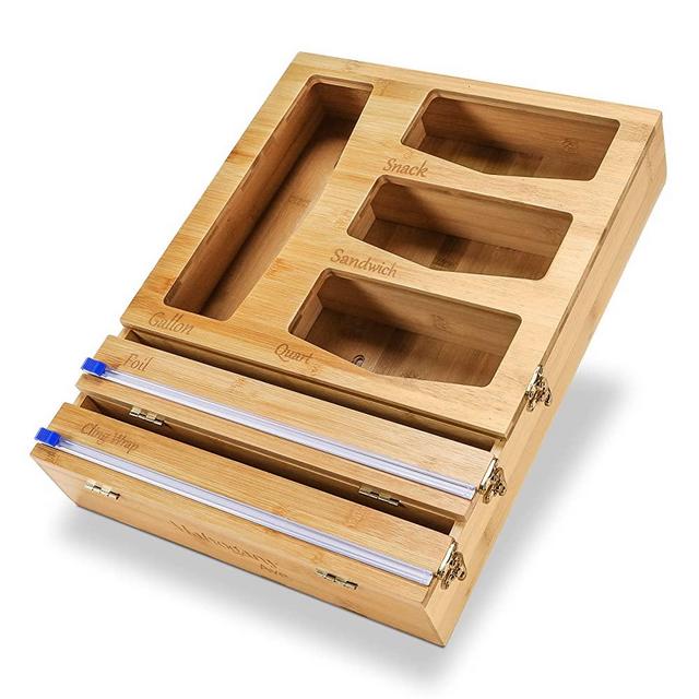 Ziplock Drawer Bag Organizer with Dispensers & Cutters | 6 in 1 Bamboo Drawer Organizer for Ziplock Bags | Compatible with Ziploc, Solimo, Hefty, etc & 12” Rolls | Bamboo Sandwich Bag Organizer