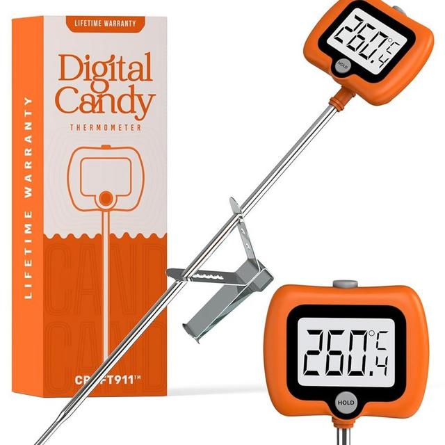 Digital Candy Thermometer with Pot Clip, Instant Read Kitchen Thermometer for Cooking, Baking, and Candy Making – 10" Stainless Steel Probe, LCD Display, Essential Baking Tool (Orange)
