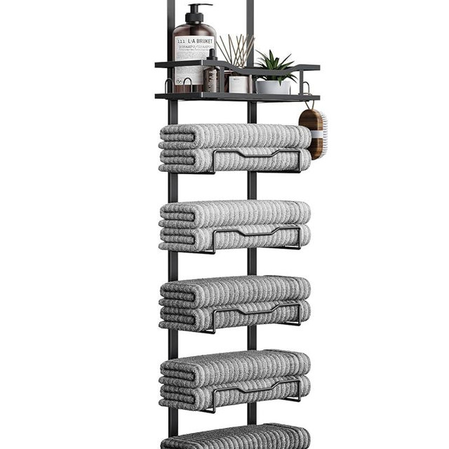 Hanging Towel Racks for Bathroom No Drill - Over The Door 6-Tier Bath Towel Storage Organizer for Small Bathrooms - Back Door Large Tiered Towel Holder Hanger for Rolled Towels RV Camper Black