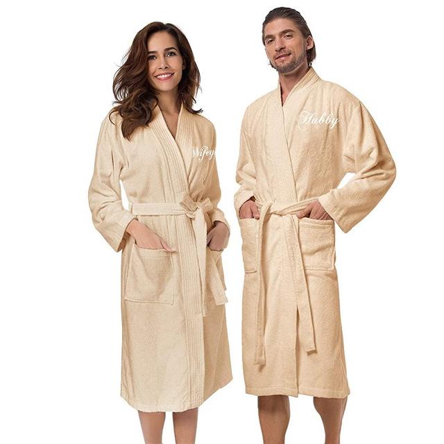 AW BRIDAL 2Pcs Couple's Terry Cotton Kimono Robe 100% Cotton Spa Bathrobe Set - Unisex Hotel Robe with Script Embroidery
