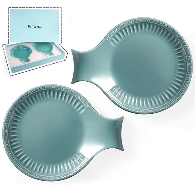 Artena Oversized & Heat Resistant Spoon Rests for kitchen Counter/Countertop, Anti-Slip Turquoise Spatula Spoon Holder for Stove Top(2pcs/set),5.5 inch in Solid Ceramic-Farmhouse Design