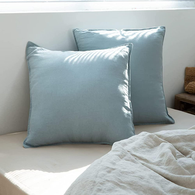 Simple&Opulence 100% Washed Linen Euro Shams Basic Style (26'' x 26'') - Pack of 2 - Solid Color Pillow Shams Natural Flax Square Throw Pillow Covers - Dusty Blue