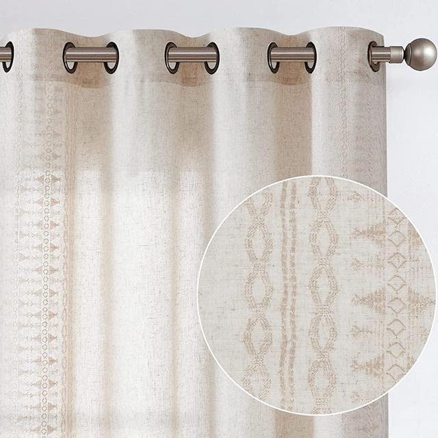 jinchan Boho Curtains for Bedroom Linen Window Curtains Embroidered Bordered Drapes for Living Room 84 Inch Length 2 Panels Bohemian Light Filtering Grommet Window Treatment Ivory on Beige