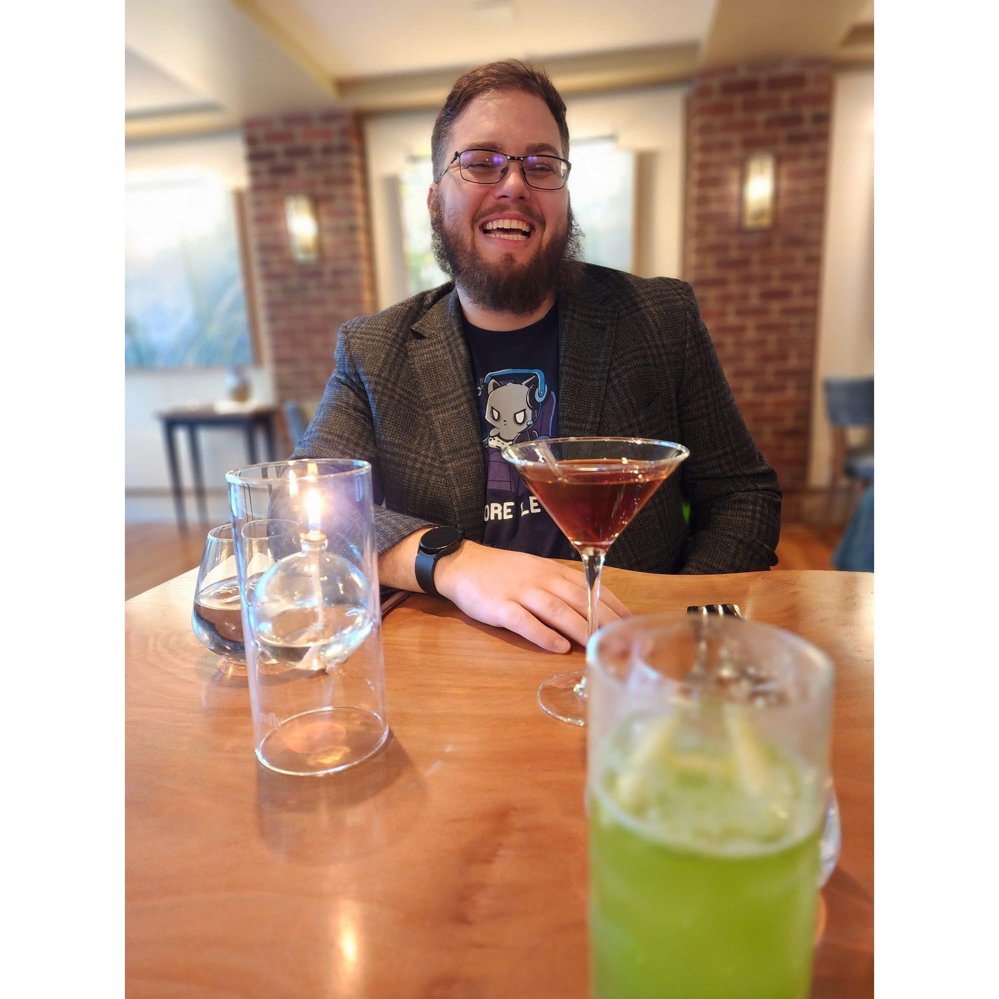 Matt wore his fancy new jacket to their ten month anniversary dinner.