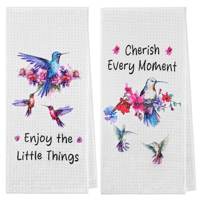 Hordely Hummingbird Gifts for Women Kitchen Dish Towels, Spring Hummingbird Kitchen Decor Hand Tea Towels, 15.35 x 23.62 Inch Funny Flower Bird Towel for Bathroom Set of 2 (Style A)